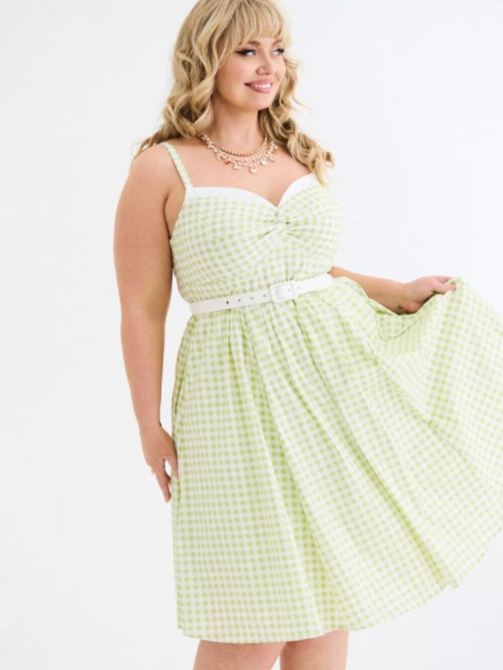 Retro Chic Twist-Front Swing Midi Dress Gingham Light Green NWOT 0/12